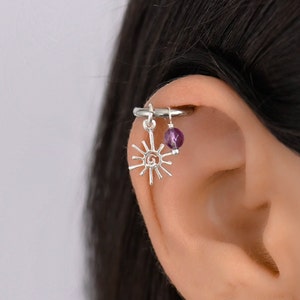 Cute Helix Silver Sun Hoop Earring, Helix Earring, Helix Piercing, Helix Hoop Earring, Helix Amethyst, Cartilage Hoop Earring, Helix Jewelry
