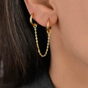 Double Hoop Chain, Double Hoop Chain Earrings, Gold Double Hoop Earring, Double Piercing Earring, Two Hole Hoop, Connected Hoop