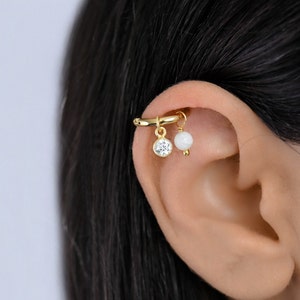Helix CZ Charm, Helix Earring, Helix Piercing Gold, Helix Hoop Earring Gold, Helix Moonstone, Cartilage Hoop Earring, CZ Charm Helix