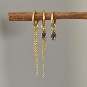 Oorbellenset voor 3 gaten onyx, stapel oorbellen set van 3 gouden oorringen, Huggie Earring Charms, oorringen met bedel, stapeloorbellen