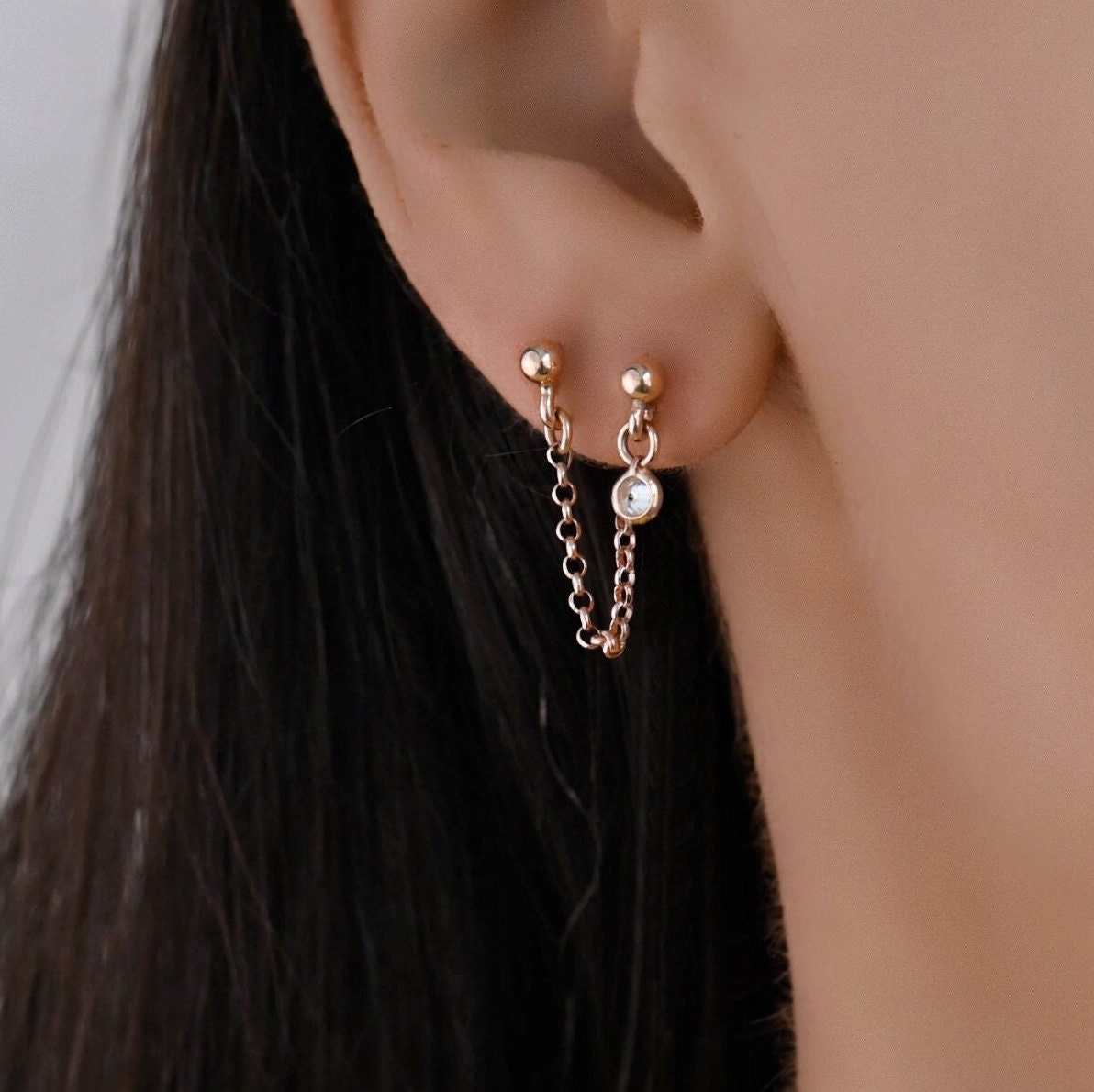 Double Bead Chain Dainty Earring, Connected Earrings, Double Chain Ear –  Fastdeliverytees.com