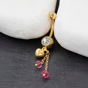 Gold Belly Bar Heart Piercing, Dangle Belly Button ,Belly Button Rings Gold, Navel Ring , Pink Crystal Belly Ring