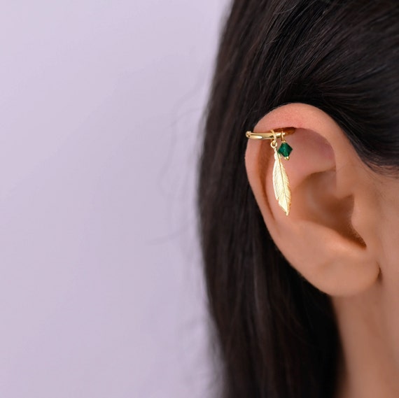 Feather Helix Hoop, Helix Earring, Helix Piercing Gold Hoop, Helix - Main Image