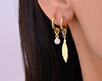 CZ Charm Feather Huggie Hoop, Gold Charm Hoop Earrings, Gold Huggie Hoop Earrings with Charm, Dangle Huggie Hoop Mismatched Earring
