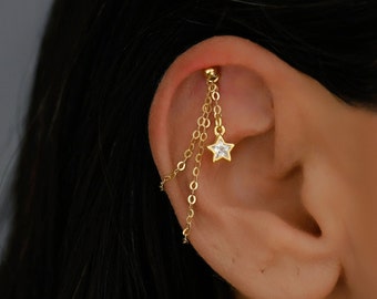 Hidden Helix Chain, Helix Chain, CZ Star Helix Chain, Cartilage Piercing Chain, Double Gold Helix Chain, Hidden Helix Jewelry