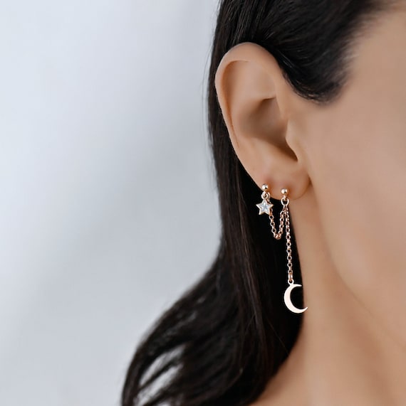 ★MIDNIGHT MOMENT.★ hole earring gold Matte Gold Star and Moon Earrings, Second Hole Earrings