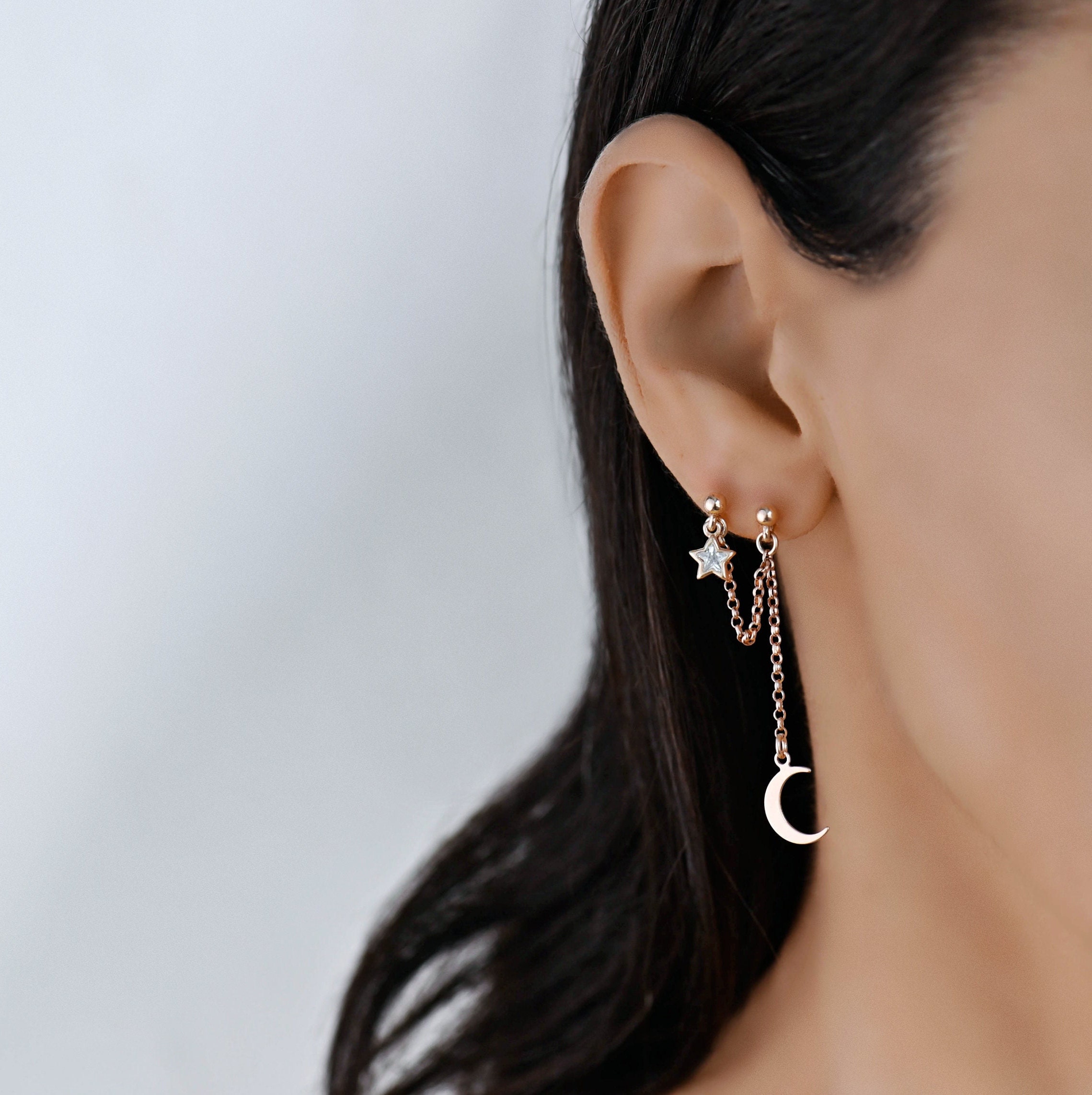 2 Hole Earring, Long Chain Earring, Double Stud Chain