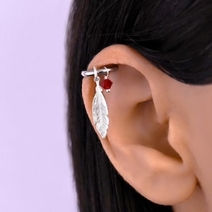 Feather Helix Hoop with Charm, Helix Earring, Helix Piercing Charm Hoop, Cartilage Hoop Earring, Helix Huggie Earring