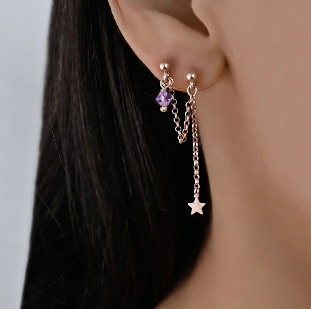 Double Stud Double Piercing Star Chain Earring Double Stud Etsy