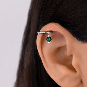 Emerald Green Stone Helix, Helix Earring, Helix Piercing Hoop, Helix Hoop with Bead, Cartilage Hoop Earring, Helix Huggie, Helix Jewelry