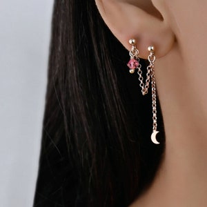 Double Piercing Moon Chain Earring, Double Piercing,  Double Stud Chain Earrings, Connected Stud Earrings, Double Dangly Stud Earring