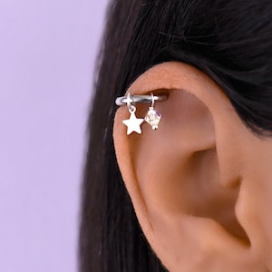 Helix Silver Star, Helix Hoop Earring, Helix Piercing Hoop, Helix Hoop with Charm, Helix Huggie Dangle Earring, Cartilage Hoop Earring