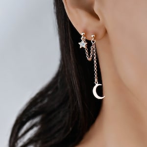 Connected Moon Star Stud Earring, Long Chain Earring, Double Stud Chain Earring, Double Piercing, Drape Chain Earring Stud Dangle