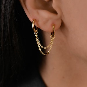 Double Chain Hoops Earring, Gold Chain Hoop Earring, Double Piercing Earring, Earring Chain Add On, Connected Hoop