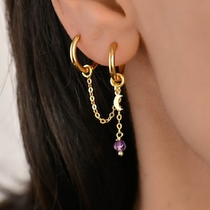 Juego de pendientes de aro con doble perforación, dije de cadena para pendientes, complemento de cadena para pendientes, pendiente de cadena con forma de luna, pendiente de aro conectado