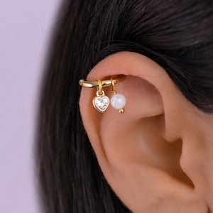 Helix CZ Heart Charm, Helix Earring, Helix Piercing Gold, Helix Hoop Earring Gold, Helix Moonstone, Cartilage Hoop Earring