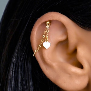Helix Chain Dangle Heart, Helix, Hidden Helix, Cartilage Chain, Gold Helix Piercing Chain, Chain for Helix Earring, Hidden Helix Jewelry
