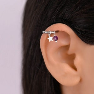 Silver Star Helix Hoop Earring, Helix Hoop Earring, Helix Hoop Piercing Star, Helix Amethyst, Cartilage Hoop Star Earring
