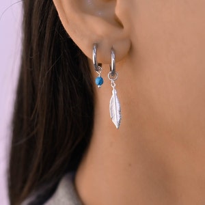 Feather Huggie, Earrings Hoops Charm, Hoop Dangle Charm, Hoop Earrings with Charm Set, Charm Huggei Earrings Set