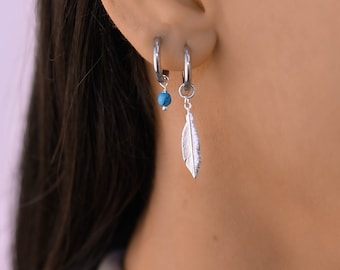 Feather Huggie, Earrings Hoops Charm, Hoop Dangle Charm, Hoop Earrings with Charm Set, Charm Huggei Earrings Set