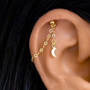 Gouden helixketting maan, helixoorbelketting, helix piercingketting goud, dangle helix maan, helix sieraden gouden ketting
