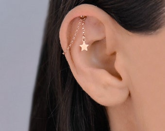 Piercing z łańcuszkiem typu helix, gwiazda, łańcuszek do kolczyków, łańcuszek do piercingu typu helix, zawieszka do kolczyków z łańcuszkiem typu drop, łańcuszek do kolczyków typu jacket