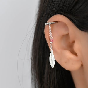 Feather Helix Chain Earring, Helix Earring, Helix Piercing Chain, Helix Dangle Hoop Earring, Helix Hoop with Charm, Cartilage Hoop Earring