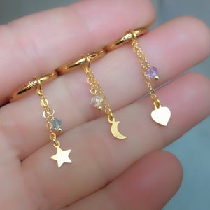 Drop Chain Hoop Earrings, Gold Dangle Chain Charm Hoop Earrings, Hoop Earrings with Charm, Small Huggie Hoop Earrings with Charm Set