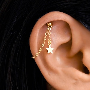Hidden Helix Chain, Earring Chain, Gold Earring Chain Dangle, Helix Chain Star, Cartilage Earring Chain, Cartilage Jewelry