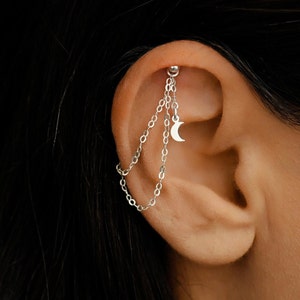 Floating Moon Helix Silver Chain, Earring Chain, Silver Helix Piercing Chain, Vertical Helix Jewelry