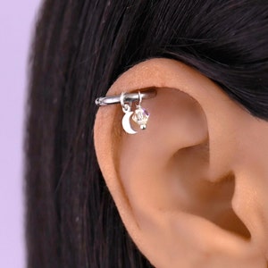 Cute Moon Dangle Helix Hoop, Helix Earring, Helix Piercing Hoop, Helix Hoop with Charm, Cartilage Hoop Earring