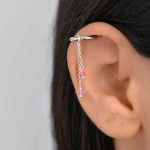 Helix Hoop Chain, Helix Earring, Helix Piercing Chain, Dangle Helix Earring Pink Crystal, Conch Hoop Chain, Cartilage Hoop Chain Earring
