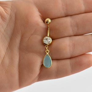 Baumeln Gold Teardrop Bauchnabel Ring, Bauchnabel Ringe, Gold Bauch Piercing, Bauchnabel Ring Gold baumeln, Aquamarin Bauchring