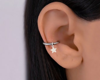 Star Conch, Conch Hoop Earring, Conch Piercing Hoop, Cute Conch Hoop Earring, Conch with Charm, Cartilage Hoop Earring, Conch Jewelry