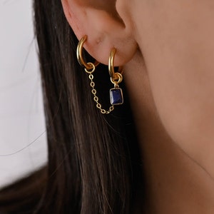 Double Lobe Piercing Chain Earrings, Piercing Set with Chain, Blue Stone Chain Earrings, Double Piercing Gold Chain Hoop Earring Set
