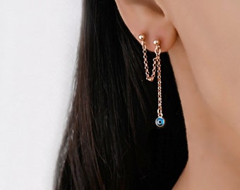 Double Piercing Star Chain Earrings Connected, Double