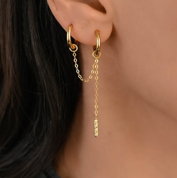 wing bling☆[14Kpost] SUV chain onetouch earring 2type Zoë Chicco 14k Gold Tennis & Prong Diamond Double Stud Chain