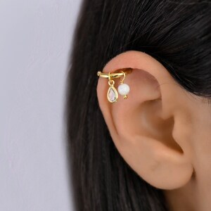 Helix Teardrop, Helix Earring, Helix Piercing Gold, Helix Hoop Earring Gold, Helix Moonstone, Cartilage Hoop Earring, CZ Charm Helix
