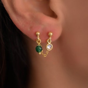 Double Piercing  Earring, Chain Earring, Double Stud Earring, Chain Stud Earring Set, Double Stud Chain Earring, Mismatched Earrings