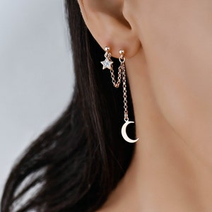 2 Hole Earring, Long Chain Earring, Double Stud Chain Earring Moon and Star, Double Piercing, Chain Earring Stud Dangle, Connected  Earring