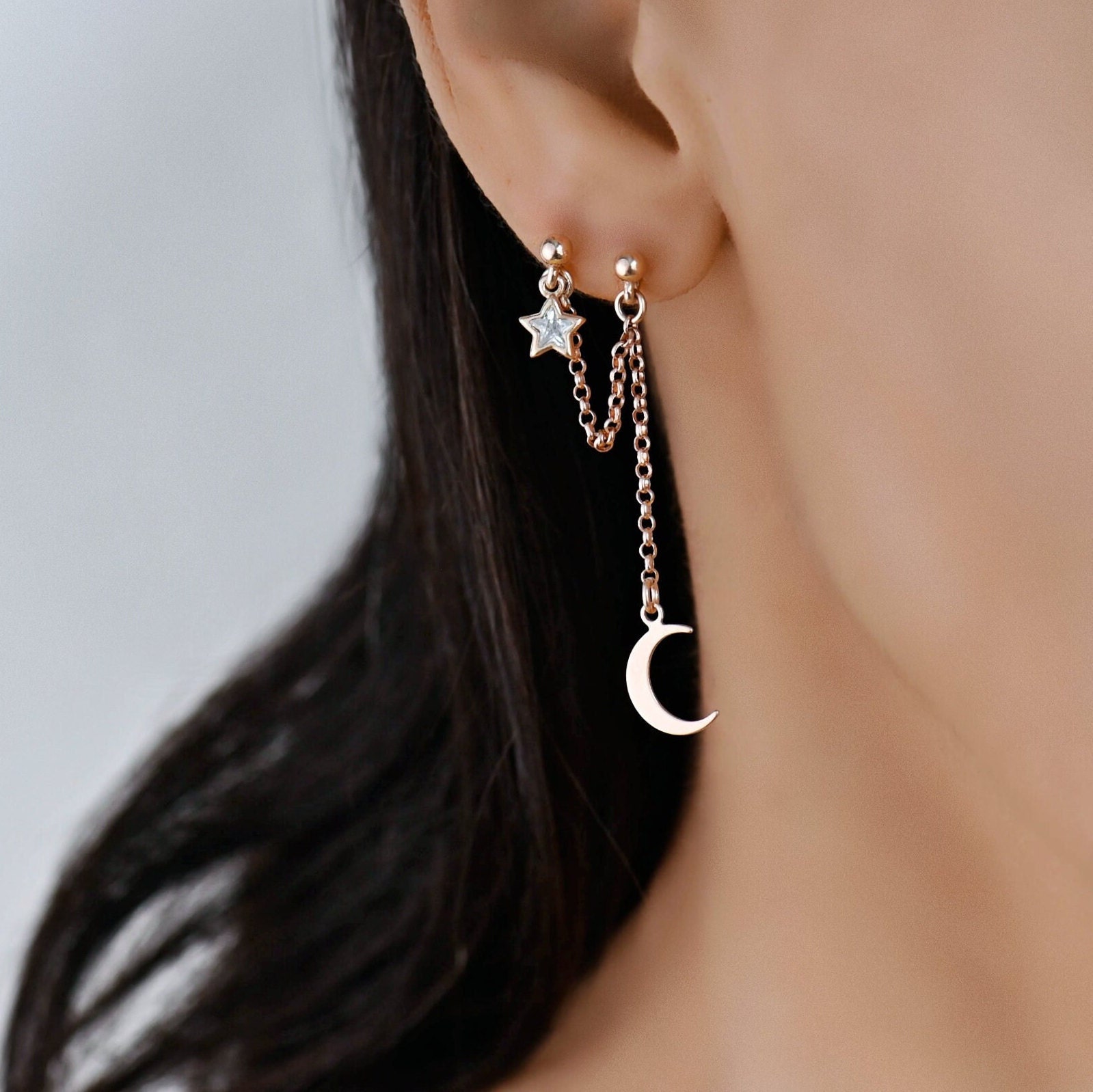 2 Hole Earring, Long Chain Earring, Double Stud Chain
