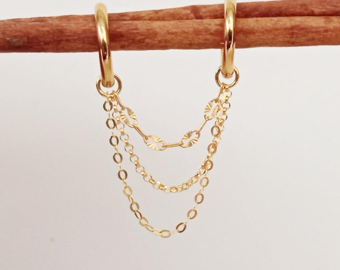 Loop Earplug Chain Earrings, Chain Loop Piercing, Chain Loop Earplug, Gold Double Piercing Chain Earrings, Chain Double Linked Hoop Earrings