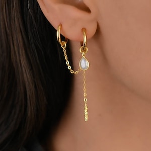 Piercing Earring Set Chains, Hoop Earring Chain Charms, Moonstone Hoop Chain Earring, Double Piercing Gold Hoop Chain Earring Set