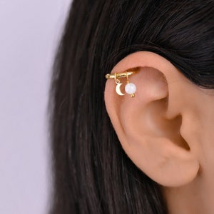 Helix Tiny Gold Moon Charm, Helix Earring, Helix Piercing Gold, Helix Hoop Earring Gold, Helix Moonstone, Cartilage Hoop Earring