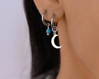 Moon Huggie, Earrings Hoops Dangle Charm, Hoop Earrings with Charm Set, Moon Huggie Hoop Earrings, Charm Huggei Earrings Set