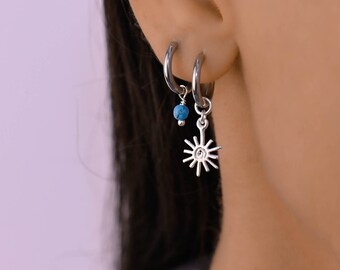 Sun Charm Huggei Earrings Set, Hoop Dangle Charm, Hoop Earrings with Charm Set, Sun Hoop Earrings