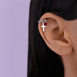 Cross Helix Dangle Hoop Earring, Helix Earring, Helix Piercing Cross Hoop, Helix Hoop with Charm, Cross Cartilage Hoop Earring