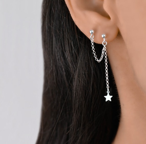 ピアス HANGING CHAIN PIERCED EARRING Double Hole Connected Earrings, Double Piercing, Double