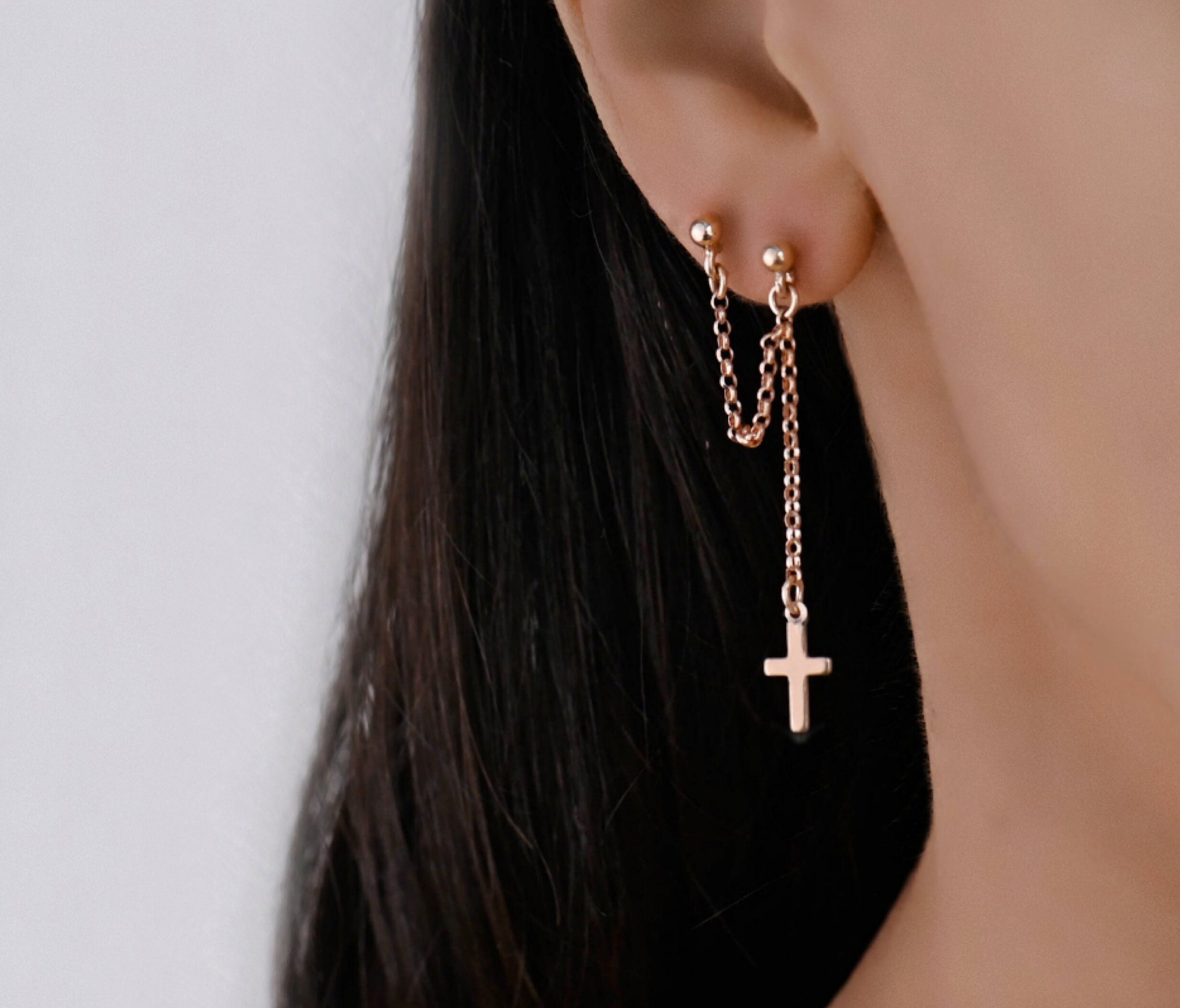 ピアス HANGING CHAIN PIERCED EARRING Huitan New Arrival Double Ear Studs Tassel Chains Hanging
