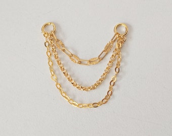 Dangle Gold Earring Triple Chain Charm, Earring Chain, Helix Chain, Cartilage Chain Piercing, Connector Earring Attatchment, Hoop with chain